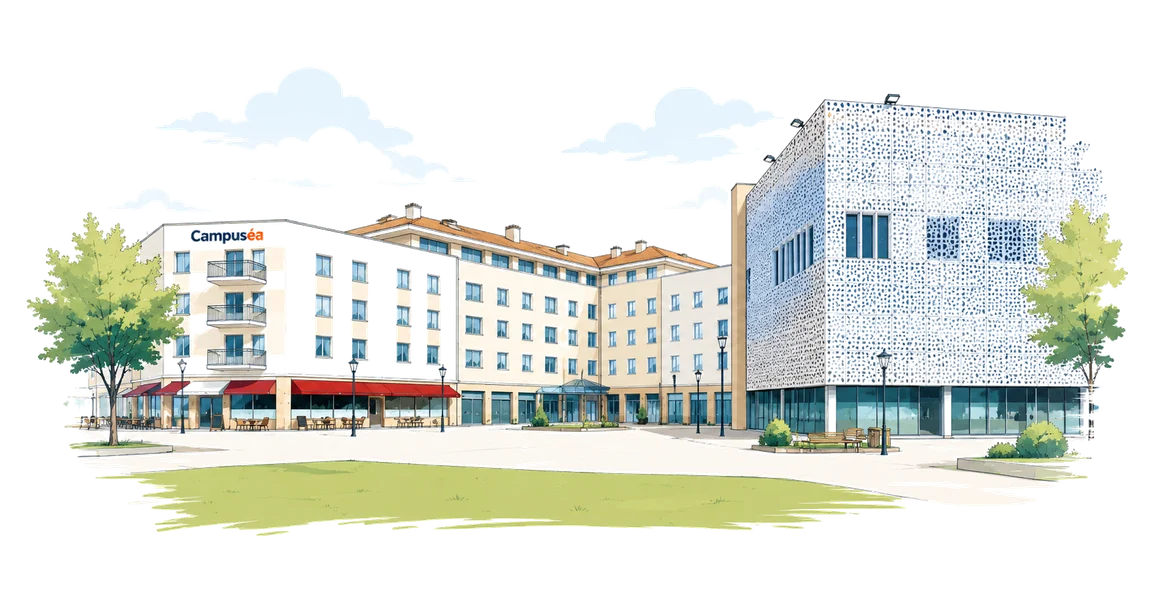 Une place de Talence dessinee au trait : residence etudiante, commerces en rez-de-chaussee et batiment a facade perforee.