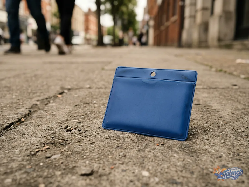 Un étui plastique bleu fermé, posé sur le trottoir