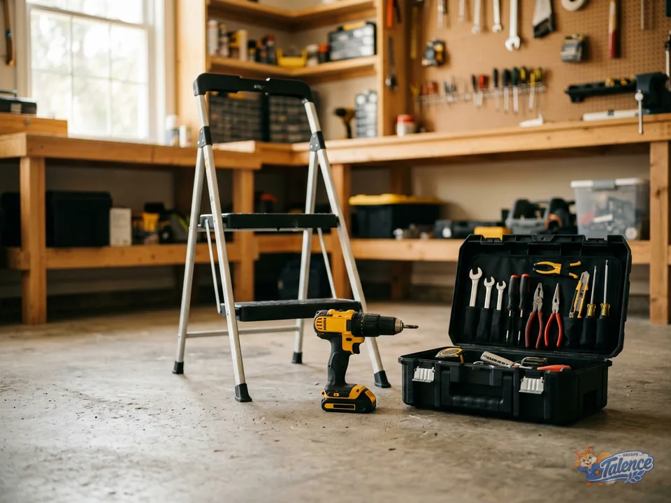 Une perceuse sans fil, un petit escabeau et une caisse à outils posés dans un garage