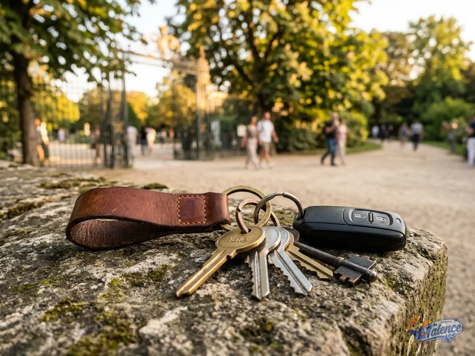 Un trousseau de clés au porte-clés de cuir marron, posé sur un muret de pierre