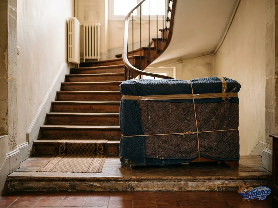 Une commode en bois emballée dans une couverture, au pied d'un escalier d'immeuble