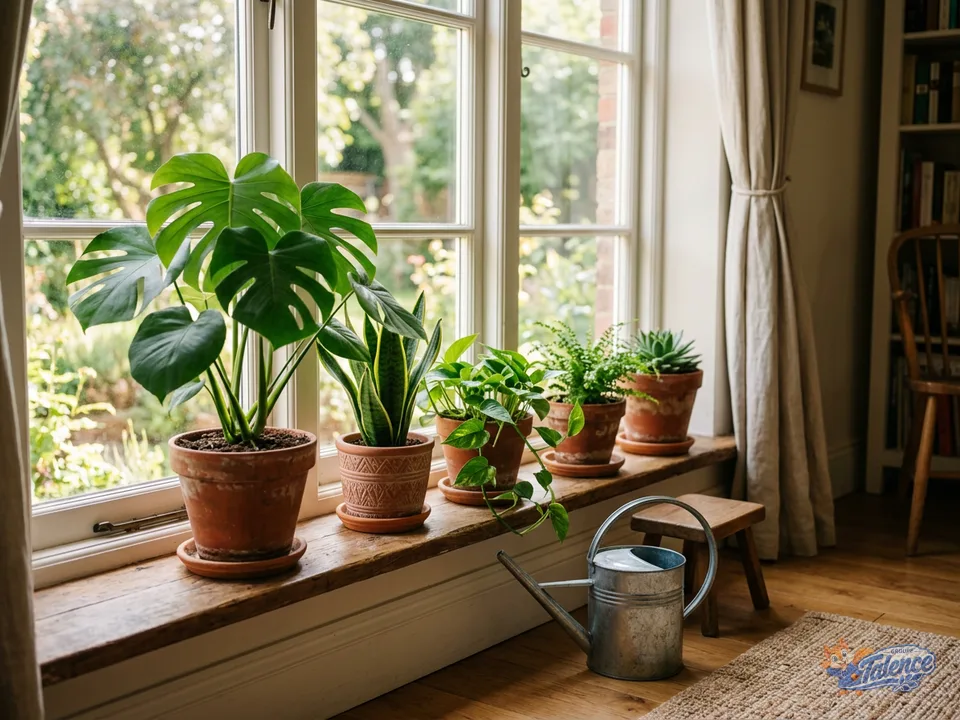 Des plantes vertes en pots de terre cuite près d'une fenêtre, avec un arrosoir posé au sol