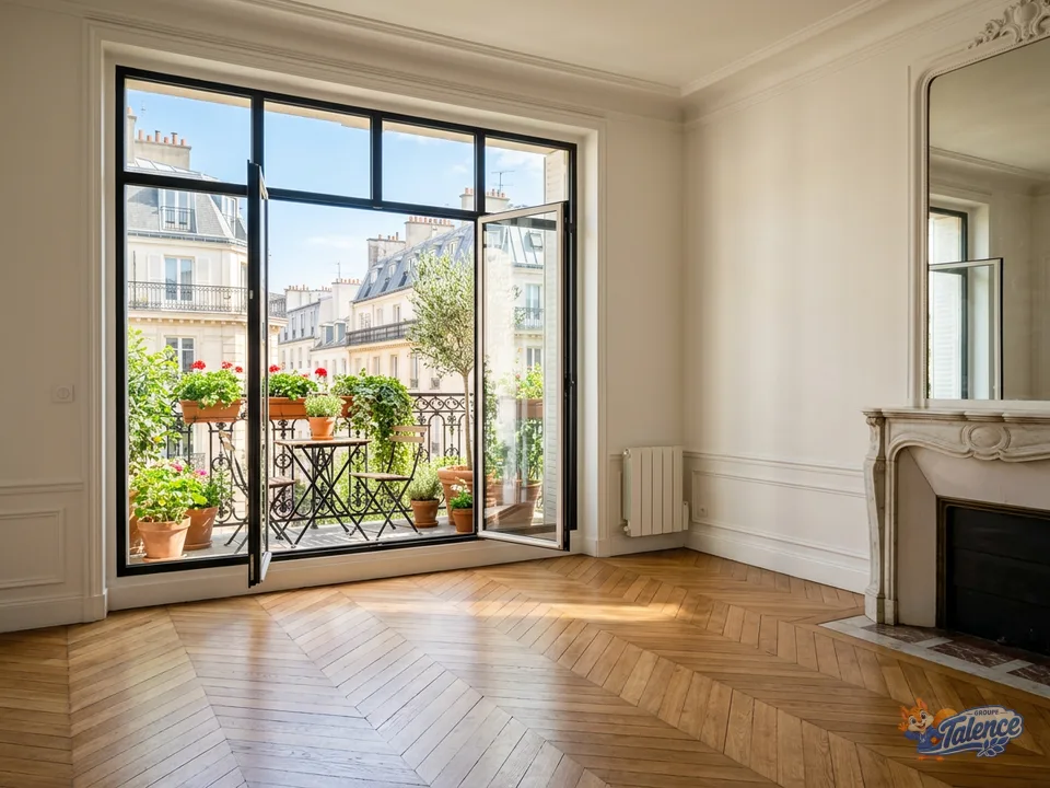 Séjour lumineux de l'appartement, parquet et porte-fenêtre ouvrant sur le balcon