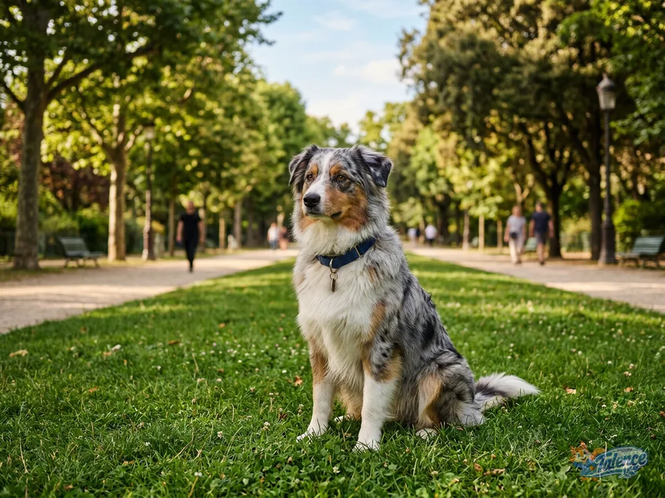 Gaspard, berger australien merle bleu au poitrail blanc, assis dans l'herbe du parc