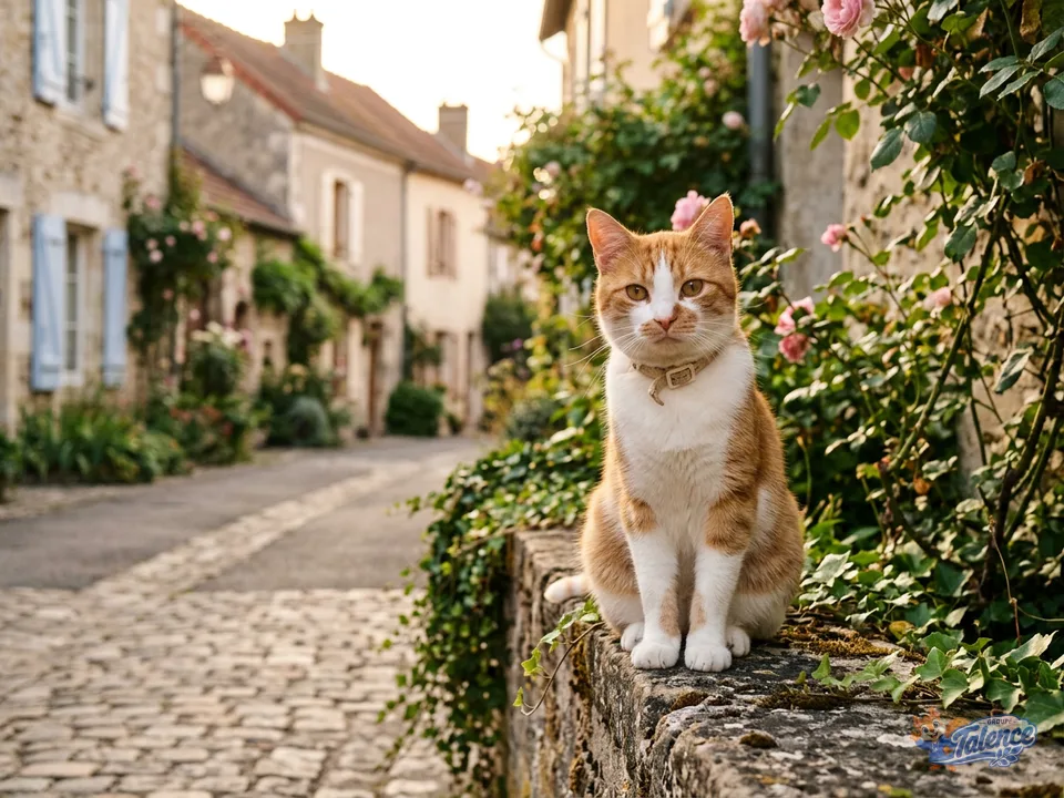 Praline, chatte rousse et blanche à la tache blanche sur le nez, assise sur un muret