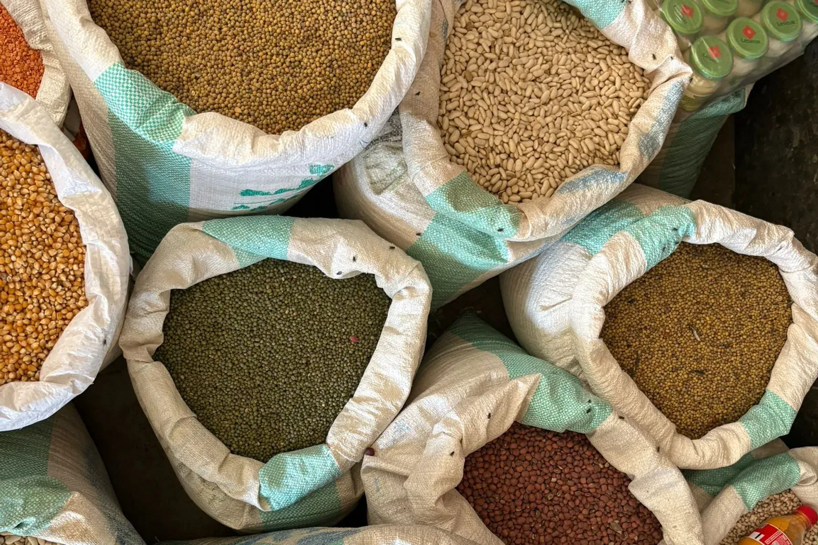 Des sacs de toile ouverts sur un étal de marché, remplis de lentilles, de pois, de maïs et de haricots de toutes les couleurs.