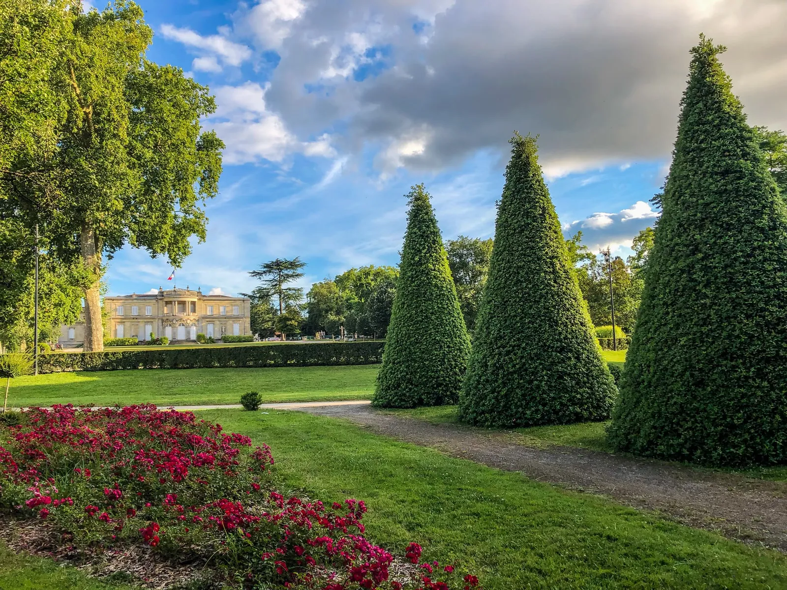 Le parc de la mairie de Talence en fin de journée : trois ifs taillés en cônes et un massif de roses rouges au premier plan, le château en arrière-plan.